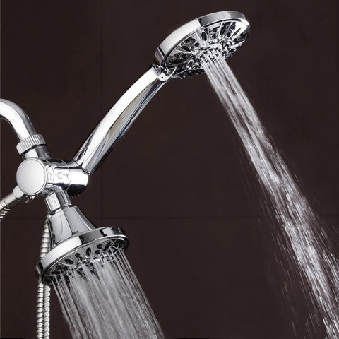 Total Chrome Premium High Pressure 48 Setting Three Way Shower Combo With Rain Head And Handheld, dual shower heads in action