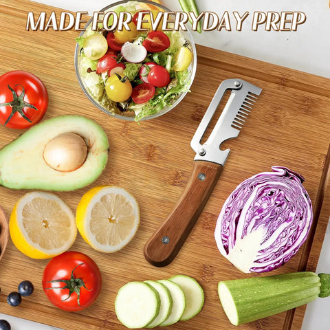 All In One Vegetable Peeler With Wooden Handle And Wide Stainless Steel Blade Perfect For Potatoes And Carrots on cutting board
