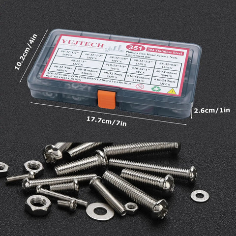 Heavy Duty 351 Piece Stainless Steel Screw Assortment Kit With Phillips Pan Head Machine Screws Nuts Bolts And Flat Washers in storage case.