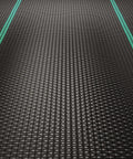 Heavy Duty Woven Weed Control Fabric 6 by 33 Feet Black Ground Cover Membrane with green guide lines, close-up texture view