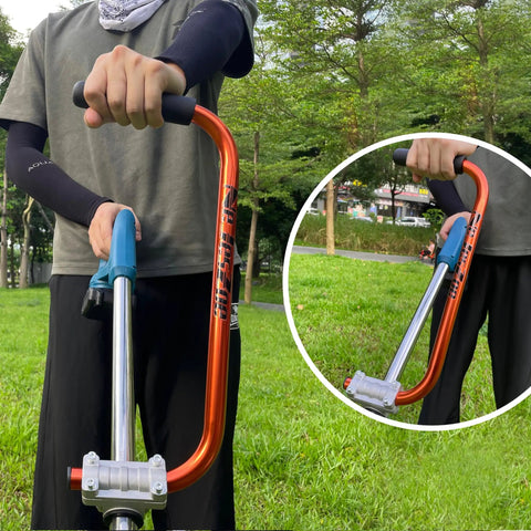 Ergonomic Trimmer Grip With Bracket Clamp For Weed Wacker Extension Handle Pain Relieving Orange shown in use outdoors