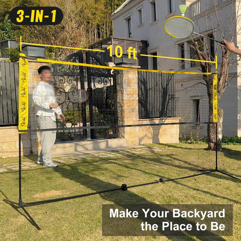 All In One Portable Badminton Volleyball Pickleball Net Set For Adults, Adjustable Height From 34 Inches To 7 Feet shown in backyard