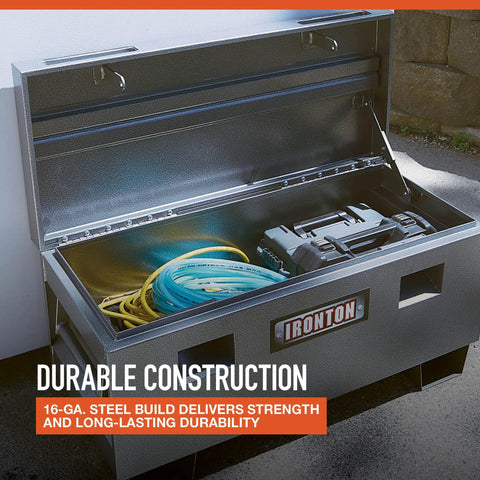 Tough As Nails Lockable Tool Box For Job Sites Built From Solid Carbon Steel With High Security Anti Pry Design And Rugged Gray Finish Keeps Gear Locked Down Secure On Demanding Construction Worksites Daily