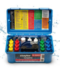 Straightforward 9-In-1 Dpd Pool Spa Water Testing Kit With Hardshell Carry Case showing test reagents and testing equipment.