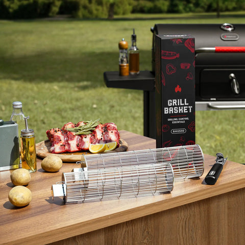 Rolling Grill Basket With Removable Wooden Handle, Extra Sturdy Food Grade Stainless Steel Grill Net Rack on outdoor table