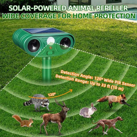 Solar Powered Yard Animal Deterrent With Motion Sensor Ultrasonic Cat Fox Raccoon Rabbit Squirrel Coyote Repeller Waterproof Outdoor Pest Guard For Garden Lawn Farm 2 Pack, green solar sensor unit on lawn