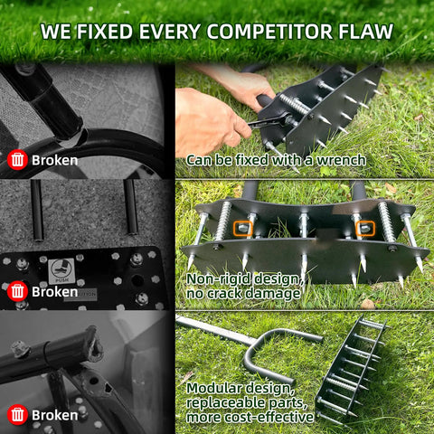 Lawn Aerator For Clay Soil With Kick To Unclog Easy Clear Design And Bolt On Base That Never Breaks 11 Heavy Duty 3.5 Inch Spikes