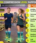 Two runners wearing footless calf compression sleeves for men and women, support for varicose veins, shin splints, swelling reduction.