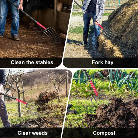 5 Tine Pitch Fork Heavy Duty Manure Fork With Long Fiberglass Handle 58 Inch used for stables, hay, weeds, compost