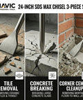 24 Inch SDS Max Chisel Bits Set 3 Piece Extra Long Demolition Kit shown in tile removal, concrete breaking, corner cleanup.