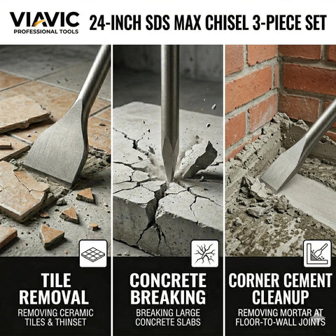 24 Inch SDS Max Chisel Bits Set 3 Piece Extra Long Demolition Kit shown in tile removal, concrete breaking, corner cleanup.