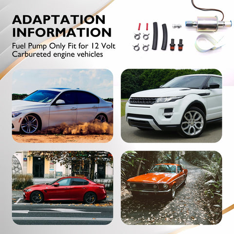 Compilation of images featuring cars with Inline 12 Volt Electric Fuel Pump For Carbureted Engines Low Pressure 5 to 9 PSI