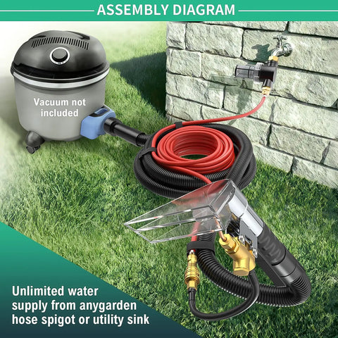Extractor Kit For Wet Vacuum With 50 Foot Water Line Includes Transparent Dust Removal Head 10 Foot Ribbed Vacuum Hose Two Adapters High Efficiency Water Filter Converts Any Vacuum Into A Do It All Pro Auto Carpet Cleaner For Home Car Upholstery Textiles shown with assembly