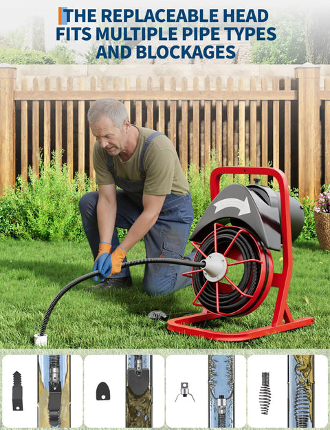 Heavy Duty Electric Drain Snake Machine That Knocks Out Stubborn Clogs And Hair Buildup With 370W Steel Core Cable in use outdoors.