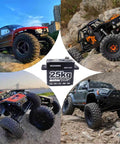 Collage showing black Beefy 25Kg Digital Servo 8.4V with waterproof RC crawlers on rocky terrain.