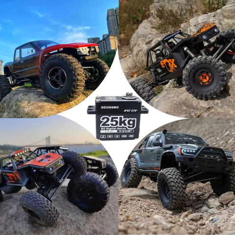 Collage showing black Beefy 25Kg Digital Servo 8.4V with waterproof RC crawlers on rocky terrain.