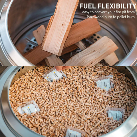 Bonfire Pellet Adapter For Outdoor Fire Pits Dual Fuel Upgrade showing hardwood and pellet options for smokeless operation.