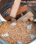 Fuel flexibility option for Yukon Pellet Adapter For Outdoor Fire Pit, Dual Fuel Conversion Accessory showing wood and pellets inside stainless steel adapter.