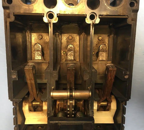Inside view of Top Tier HMCp400X5 Heavy Duty Motor Circuit Protector Breaker 3 Pole mechanism with copper contacts.