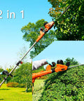 Person trimming tall hedges with Beefy 2 In 1 Electric Pole Hedge Trimmer with Telescoping Reach, showing dual-action blades