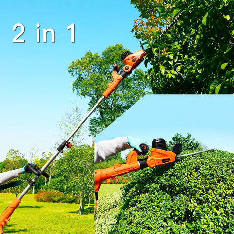Person trimming tall hedges with Beefy 2 In 1 Electric Pole Hedge Trimmer with Telescoping Reach, showing dual-action blades