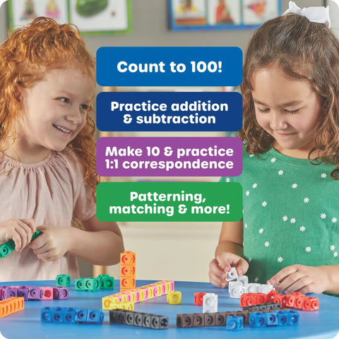 Children using Hands-On Math Link Cubes Set Of 100 For Kids 5 And Up Must-Have For Kindergarten STEM Activities and Homeschool Learning.