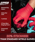 Top Shelf Red Nitrile Work Gloves 7 Mil Thick Box Of 100 Powder Free Latex Free Textured Palm Secure Grip For Mechanics And Auto Shops Commercial Grade Badass Strength Large Fit in use, handling a car part.