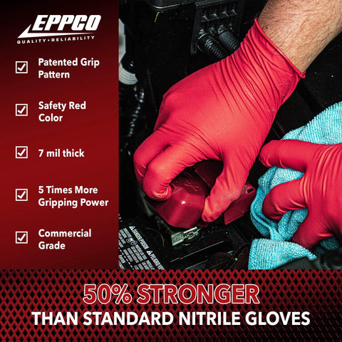 Top Shelf Red Nitrile Work Gloves 7 Mil Thick Box Of 100 Powder Free Latex Free Textured Palm Secure Grip For Mechanics And Auto Shops Commercial Grade Badass Strength Large Fit in use, handling a car part.