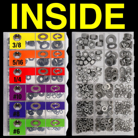Front view of stainless steel hardware assortment: hex nuts and flat/split/spring lock washers, 431 pcs, sizes 1/4–3/8.