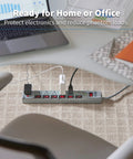 7 Outlet Surge Protector Power Strip With 6 Individually Controlled Switches, 6 Foot Cord, Lifetime Limited Warranty And $25,000 Insurance, Keep Your Gear Safe For PC, Laptop, Printer, Router, TV And Other Home Office Gear on carpet