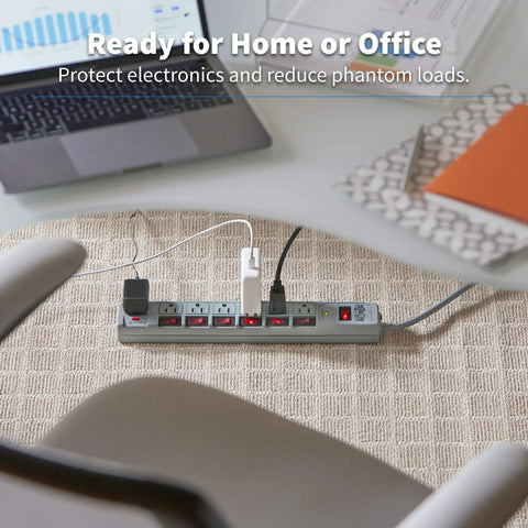 7 Outlet Surge Protector Power Strip With 6 Individually Controlled Switches, 6 Foot Cord, Lifetime Limited Warranty And $25,000 Insurance, Keep Your Gear Safe For PC, Laptop, Printer, Router, TV And Other Home Office Gear on carpet