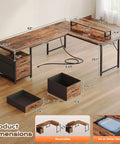 Product dimensions diagram of Dope 63 Inch L Shaped Desk With Built In Power Outlets And USB C Port, displaying storage and workspace features.