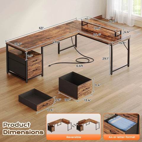 Product dimensions diagram of Dope 63 Inch L Shaped Desk With Built In Power Outlets And USB C Port, displaying storage and workspace features.