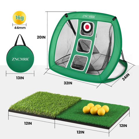 Grab-And-Go Portable Golf Chipping Net Set with mats, balls, and carry bag; net 32x24x20 inches, collapses to 13-inch diameter.