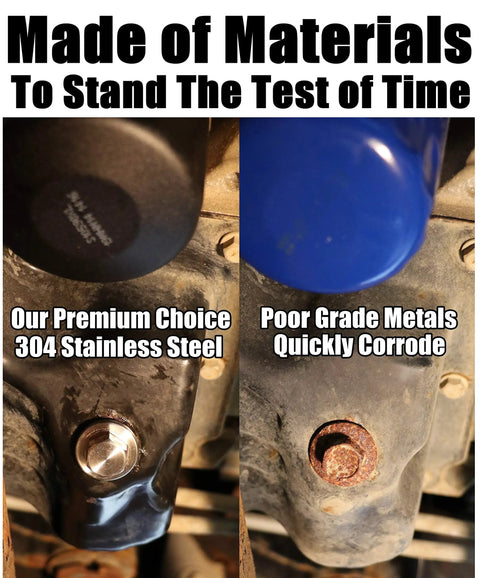 Comparison of Stainless Steel Rear Transmission Magnetic Fill And Drain Plug to corroded metal, showing material durability.