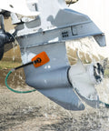 Heavy Duty Steel Boat Motor Flusher With Dual Flow Muff Style in use flushing outboard motor, 5/8 inch hose connection visible
