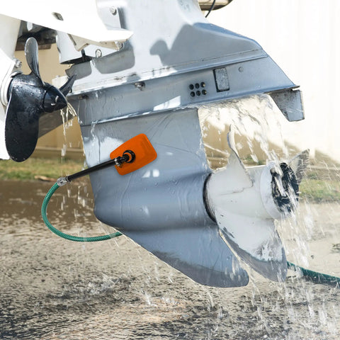 Heavy Duty Steel Boat Motor Flusher With Dual Flow Muff Style in use flushing outboard motor, 5/8 inch hose connection visible