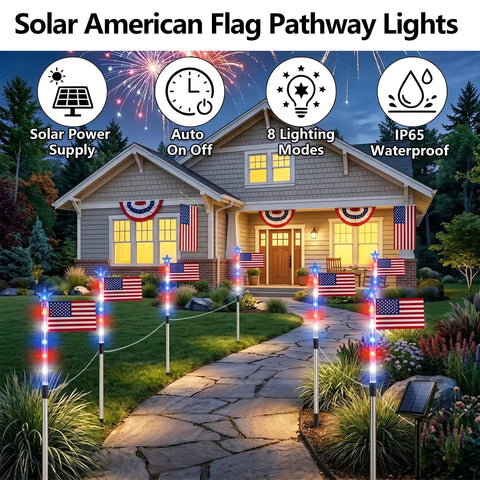 Patriotic Solar Pathway Lights Eight Pack with red white blue LEDs in yard for Fourth of July Memorial Day Independence Day