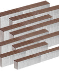 Badass Strong 18 Gauge Galvanized Brad Nails With Brown T Head Design stacked in varied lengths for precision woodworking.