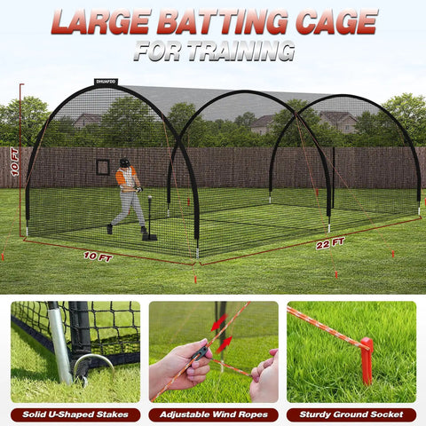 Backyard Batting Cage 22x10x10 Ft Portable Baseball And Softball Cage With Zipper Door 4 Ply Anti Tear Netting