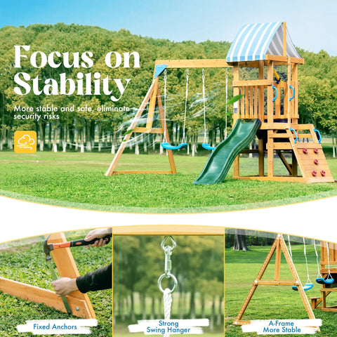 Backyard Wooden Swing Set For Kids And Toddlers With All In One Design Awesome Dual Swings Slide Rock Climbing Wall Blackboard