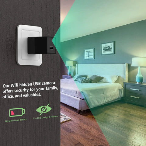 Hidden USB Charger Spy Camera With WiFi Live View 1080p HD Recording For Home Security And Baby Monitor in bedroom setting