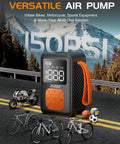 Mini Bike Pump With Gauge Portable 150 PSI Electric Tire Inflator next to miniature bikes and sports items against a mountain backdrop