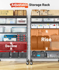 Heavy Duty Six Tier Rolling Storage Shelves With Industrial Swivel Wheels For Garage Organization And Vertical Shelving Setup Hella Tough Metal Rack With Sweet Free Rolling Casters For Kitchen Basement Space with various containers and tires.
