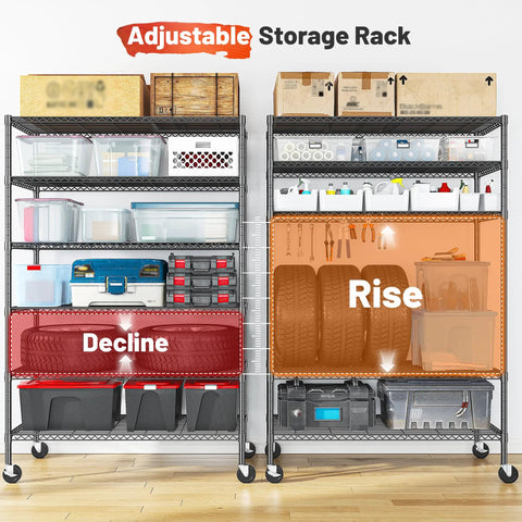 Heavy Duty Six Tier Rolling Storage Shelves With Industrial Swivel Wheels For Garage Organization And Vertical Shelving Setup Hella Tough Metal Rack With Sweet Free Rolling Casters For Kitchen Basement Space with various containers and tires.