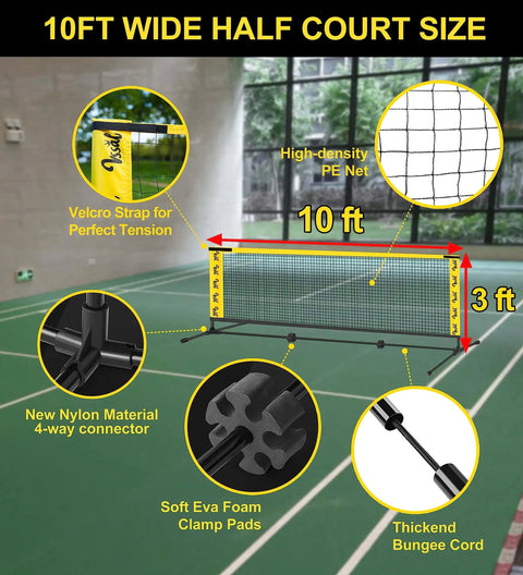 All In One Portable Badminton Volleyball Pickleball Net Set For Adults, 10ft wide, includes high-density PE net and connectors.