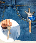 Front view: XunYee woodturning keychain kit with wooden handle and metal ring, attached to keys.