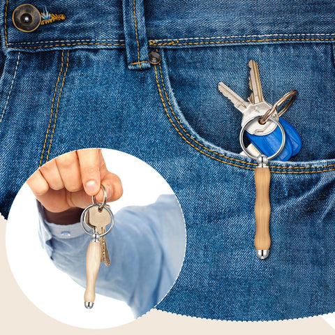 Front view: XunYee woodturning keychain kit with wooden handle and metal ring, attached to keys.