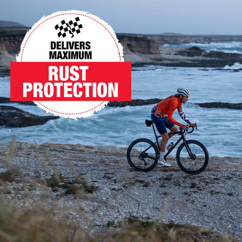 Cyclist riding by coast showing rust protection from One Step Bike Chain Cleaner And Lubricant For All Bicycle Chains, 4 oz bottle