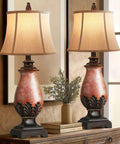 Set Of 2 Tall Farmhouse Rustic Table Lamps With Dimmable 3 Color Temperature Lighting From Warm 2700K Amber To Bright 5000K Daylight Cozy Vibe Perfect For Living Rooms Or Bedroom Nightstands Traditional Antique Coastal Decor In Amber Finish displayed on a wooden console near a window.